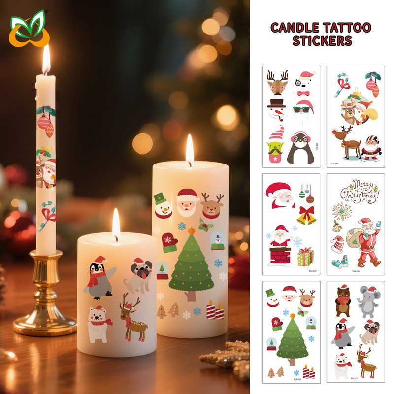 Cross-Border Creative Christmas Candle Tattoo Stickers DIY Candle Water Stickers Gift Box Waterproof Party Temporary Tattoo Stickers