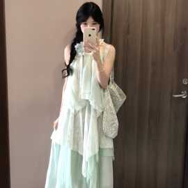 法式甜美无袖挂脖连衣裙子女夏季今年流行爆款海边度假小个子长裙