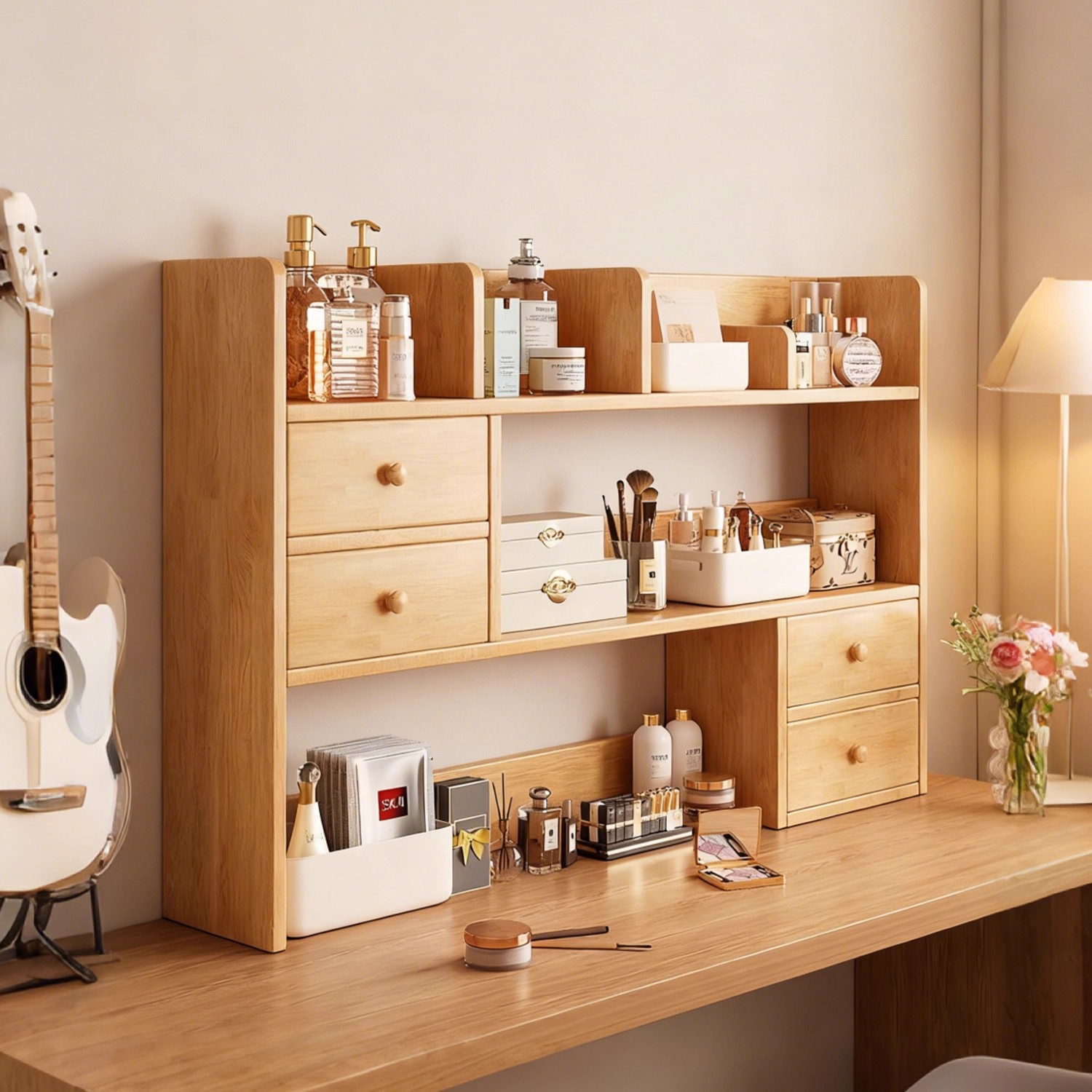 Estante de escritorio de cosméticos de madera sólida perfumes lápiz labial productos de cuidado de la piel almacenamiento y acabado estante de escritorio vertical multicapa