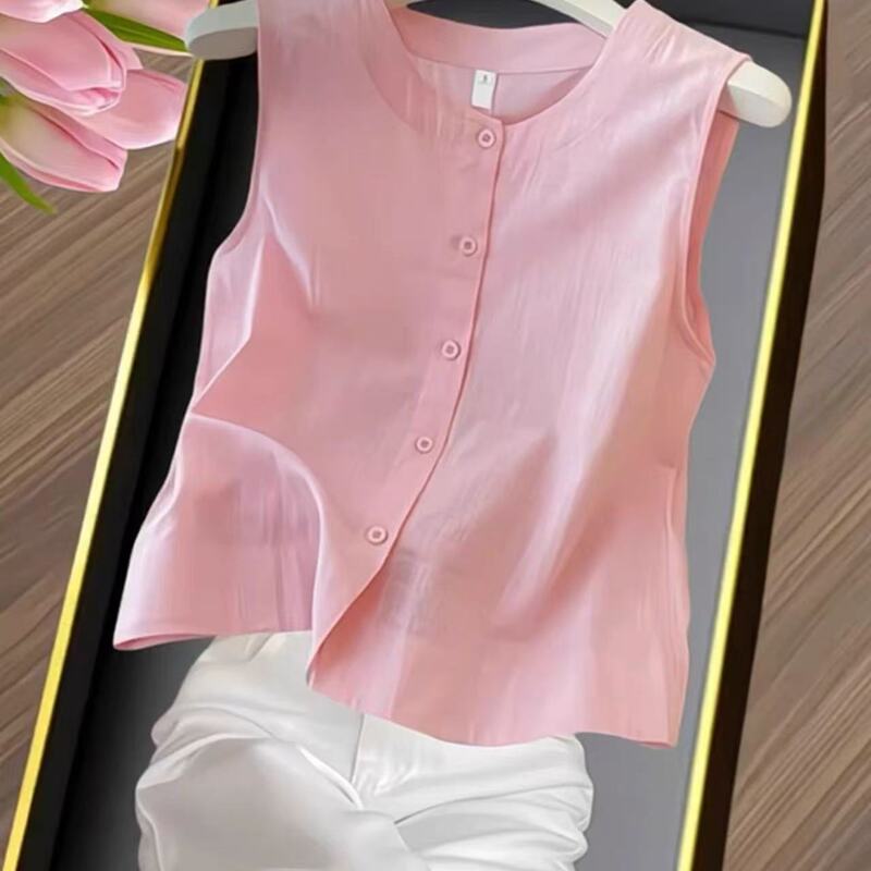 Korean-Style Youthful Sweet Pink Sleeveless Vest Shirt for Women, 2026 Summer New Thin Cardigan Vest Top Trendy
