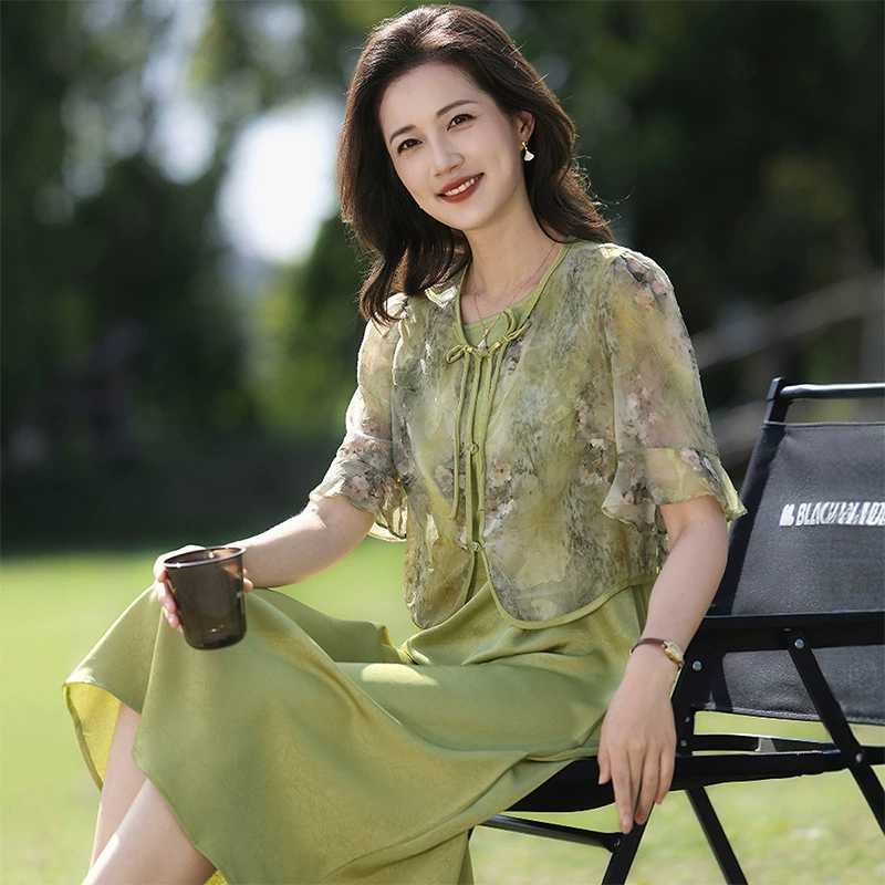 Qianbai Yilian, новое летнее платье для мам в китайском стиле, новинка 2025 года, женская одежда среднего и пожилого возраста, юбка в национальном стиле, комплект из двух предметов