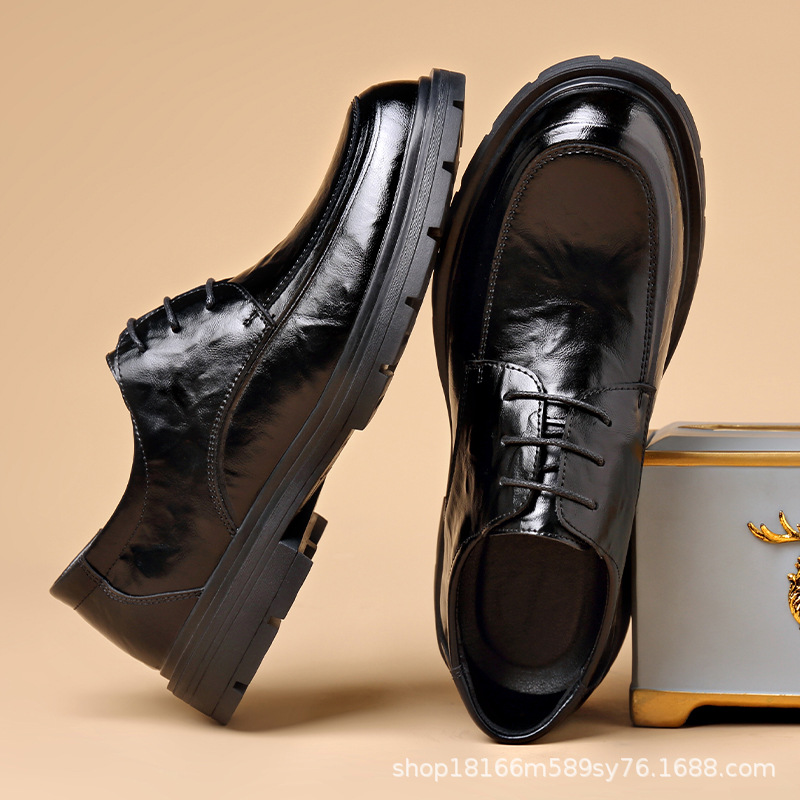 New First-Layer Cowhide Leather Shoes, Genuine Leather Business Formal Wear, Men's Thick-Soled Casual British High-End Men's Shoes, Non-Slip and Wear-Resistant