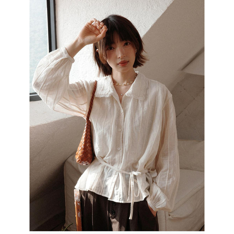 White Drawing Workshop "Angelia" 26Ss Early Spring New Striped Jacquard Adjustable Waist French-Style Shirt for Women