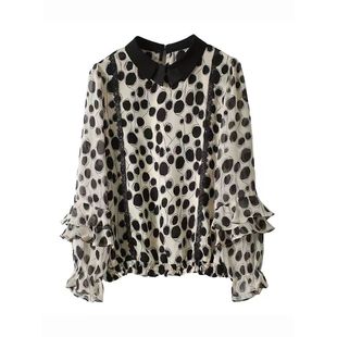 Doll Collar Chiffon Shirt 2023 Spring New Arrival French Style Elegant Lace Stitching Printed Long Sleeve Shirt for Women