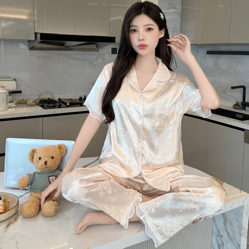アイスシルク女性のパジャマ夏の新しいレトロなスタイルの花柄レースシルク半袖ホーム服 2 点セット卸売|undefined