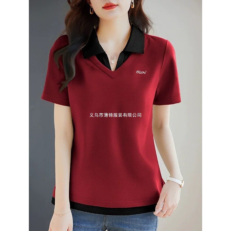 Turn-Down Collar Short-Sleeve T-Shirt for Women, New Summer Style, Plus-Size Women's Faux Two-Piece Top, Loose-Fitting Women's Versatile Polo Shirt