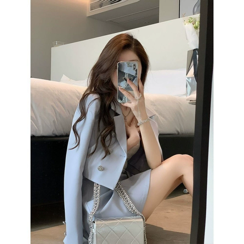 Стильный короткий жакет с легким ароматом в голубом цвете для женщин, корейский стиль, новинка весна-осень 2025, юбка-карандаш с высокой талией.