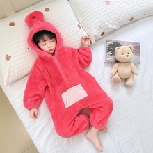 女童法蘭絨天線寶寶連體睡衣2023冬季新款兒童珊瑚絨爬服睡袋童裝