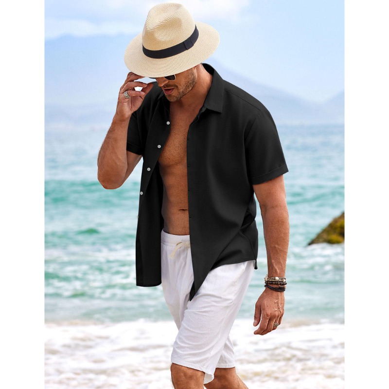 Pure Black Shirt Men's Casual Short-sleeved Summer 2025 New Arrival American Style Loose Shirt Casual Fashion Shirt Jacket