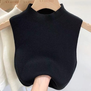 Sexy knitted vest, solid color underwear as outerwear, short base body-friendly T-shirt sleevless, lifting effect, high collar