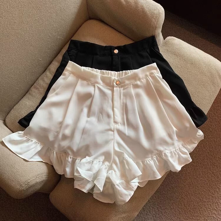 Sweet Ruffled Casual Shorts Women's Autumn 2024 chubby girl College-style High Waist Slimming Loose Wide-leg Hot Pants