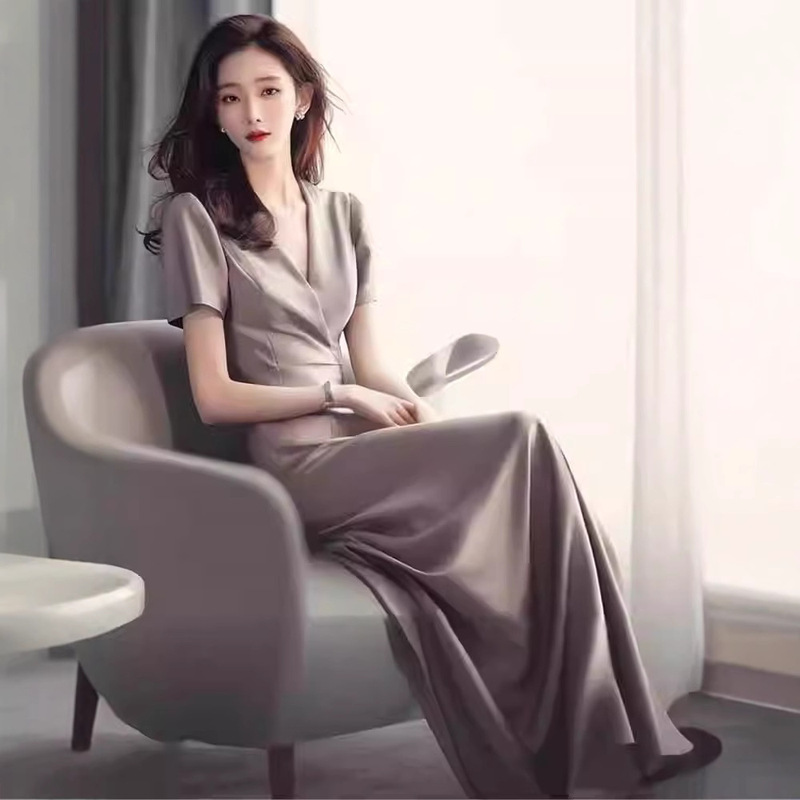 8258 French Elegant Beautiful Long Dress Formal Occasion High-end Refined High-end Sense Generous and decent Grey dress