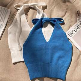 女童挂脖背心港风挂脖针织吊带外穿内搭短款纯色背心挂脖上衣美背
