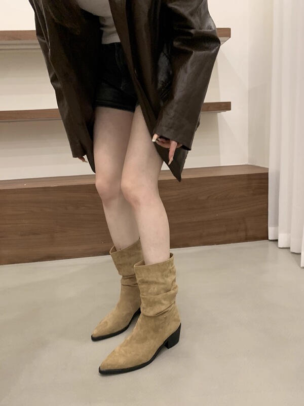 高跟尖头绒面卡其色瘦瘦法式小短靴女鞋2025新款堆堆靴春秋单靴子|undefined
