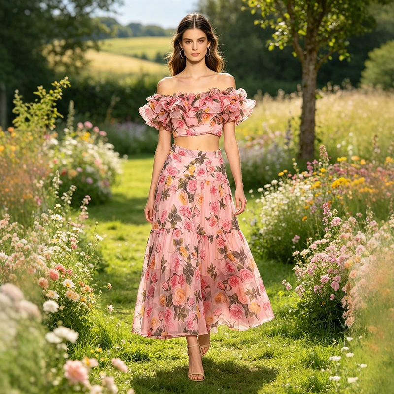French-Style Romantic Vacation Style Off-Shoulder Ruffled Top + High-Waisted A-Line Skirt Set Summer Dress French-Style Romantic Vacation Style Off-Shoulder Ruffled Top + High-Waisted A-Line Skirt Set Summer Dress