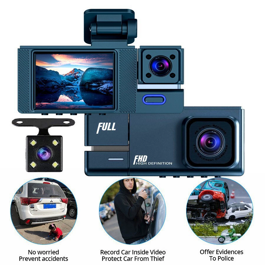 Автомобильный видеорегистратор с дисплеем 2inch HD 1080P с тремя объективами и обратным изображением автомобильного видеорегистратора