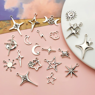 20 Tibetan silver four-ray star five-pointed star moon pendant accessories accessories DIY necklace earring bracelet women's pendant