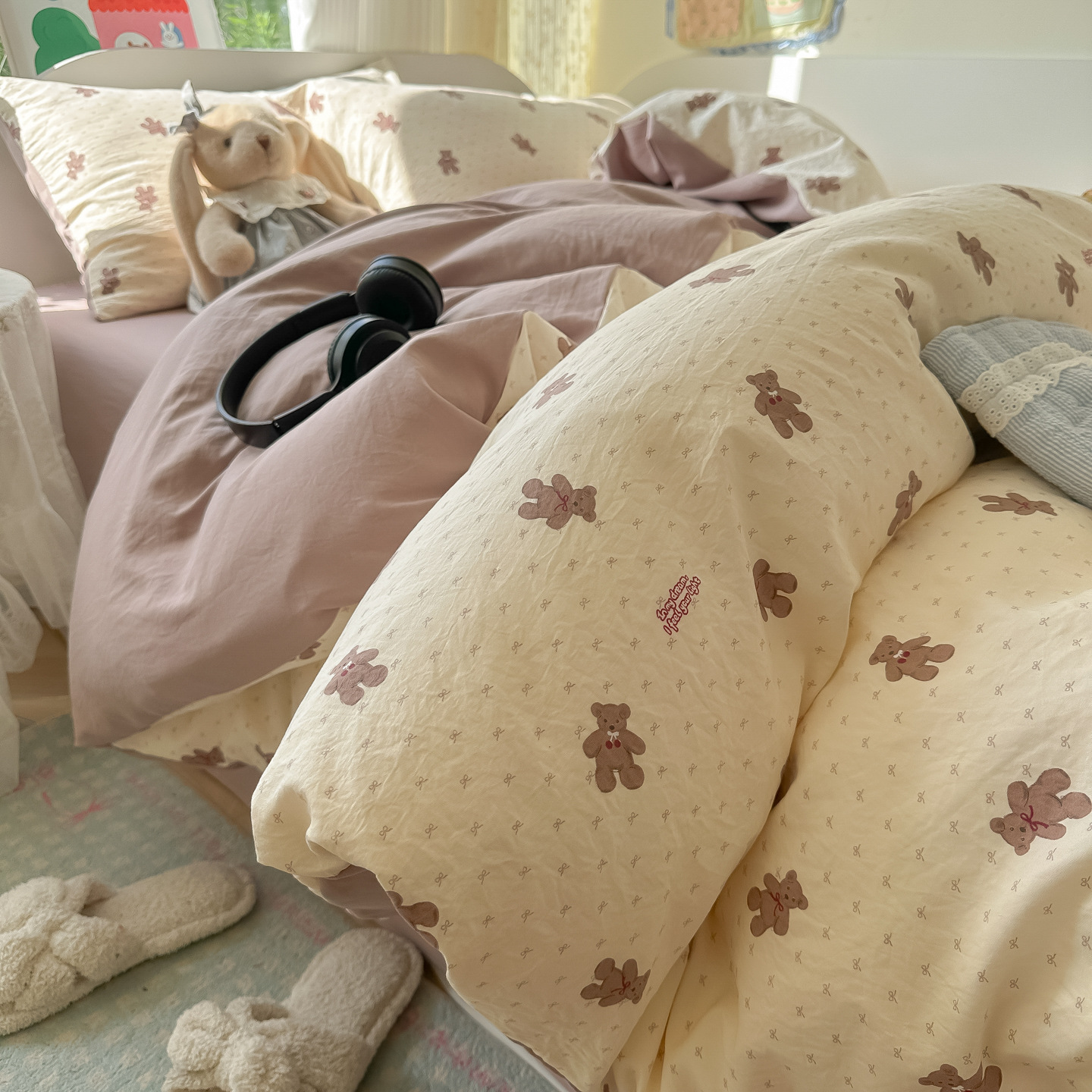 Nuevo algodón coreano de cuatro piezas, sábanas de algodón, cubierta de cama, dormitorio de estudiantes, ropa de cama de tres piezas