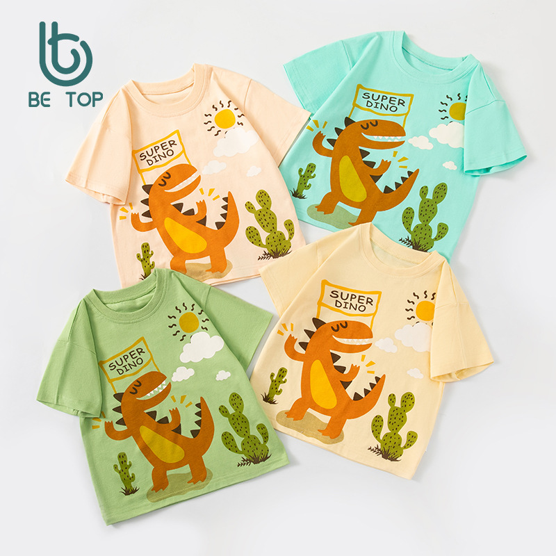 Betop ropa para niños verano nuevo estilo dibujos animados para niños dinosaurio camiseta de manga corta niños y niñas estilo occidental envío transfronterizo de una pieza