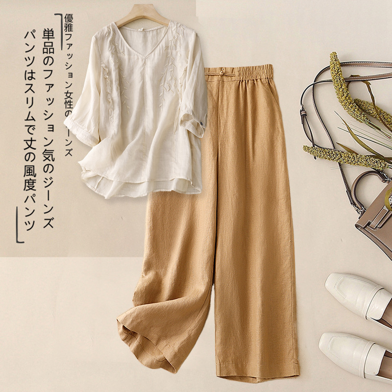 2025 新しい夏のリネンスーツの女性のハイエンド七分袖 V ネック刺繍シャツ綿とリネンのワイドレッグパンツ 2 点セット|undefined