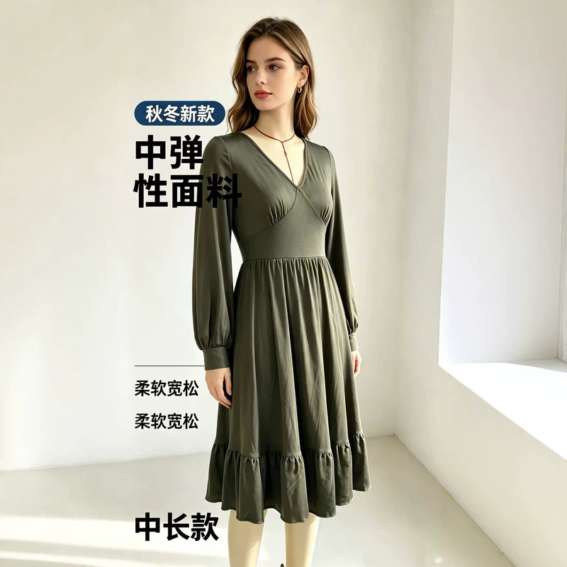 European and American autumn and winter V-neck mid-length dress for women, elastic, soft, loose, with a large hem and ruffle details, elegant long-sleeved dress European and American autumn and winter V-neck mid-length dress for women, elastic, soft, loose, with a large hem and ruffle details, elegant long-sleeved dress