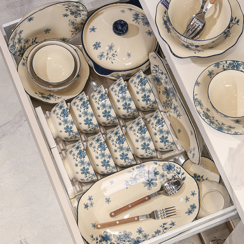 Retro Floral Dish Set Household High-End High-Temperature Ceramic Tableware Bowls Rice Bowls Soup Bowls Full Set of Rice Bowls