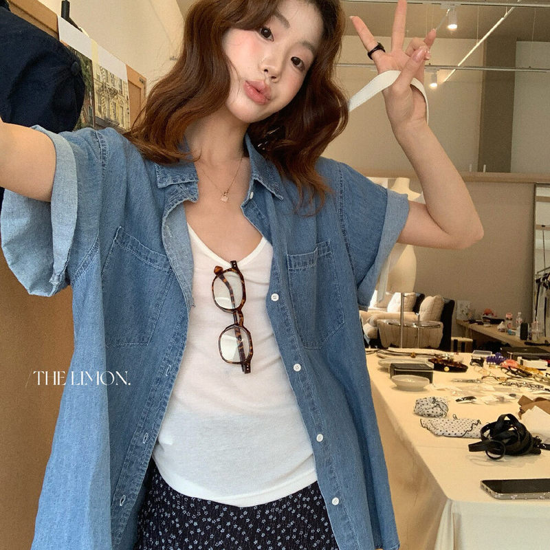 Lemon Green Tea Lapel French Retro Style Denim Short-Sleeved Shirt for Women 2026 Spring and Summer Relaxed Style Loose Shirt Lemon Green Tea Lapel French Retro Style Denim Short-Sleeved Shirt for Women 2026 Spring and Summer Relaxed Style Loose Shirt