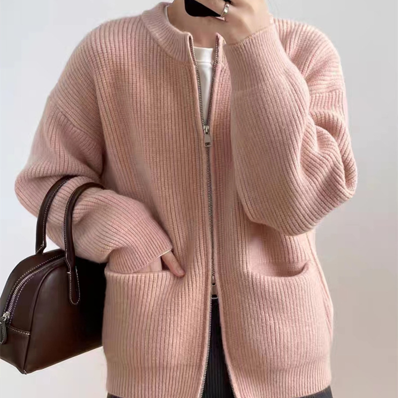 Korean Style Spring & Fall New Style Lazy Style Double Zipper Sweater Cardigan Women's Design Pure Color Loose Knitted Jacket Top