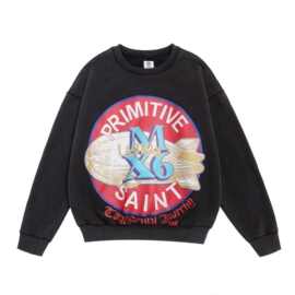 跨境潮牌SAINT复古洗水做旧破坏420G圆领加绒宽松套头长袖卫衣