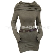 欧美时尚女装气质通勤堆堆领纯色针织连衣裙修身欧美风优雅