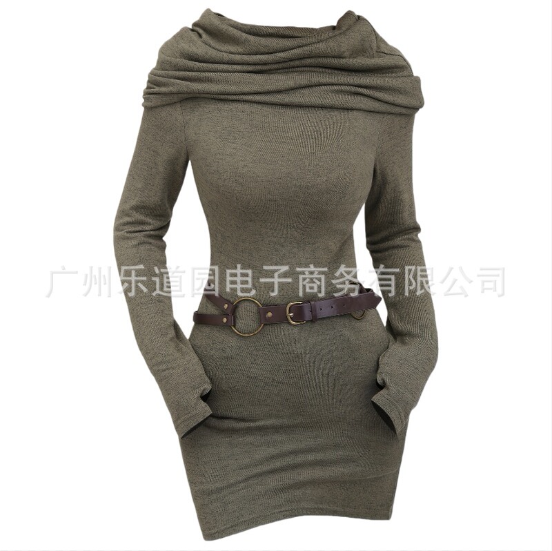 Army Green Hooded Dress with a Stacked Collar, Slim Fit, Hip-Hugging, Vintage Metal Buckle Belt, Sexy Short Dress Army Green Hooded Dress with a Stacked Collar, Slim Fit, Hip-Hugging, Vintage Metal Buckle Belt, Sexy Short Dress