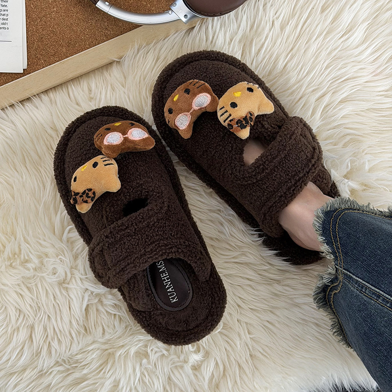 Cartoon Style Shallow Mouth Flats Bottom Velcro Girly Style Baotou Slippers for Women Fleece-Lined Thick Sole Non-Slip Warm Home Cotton Slippers