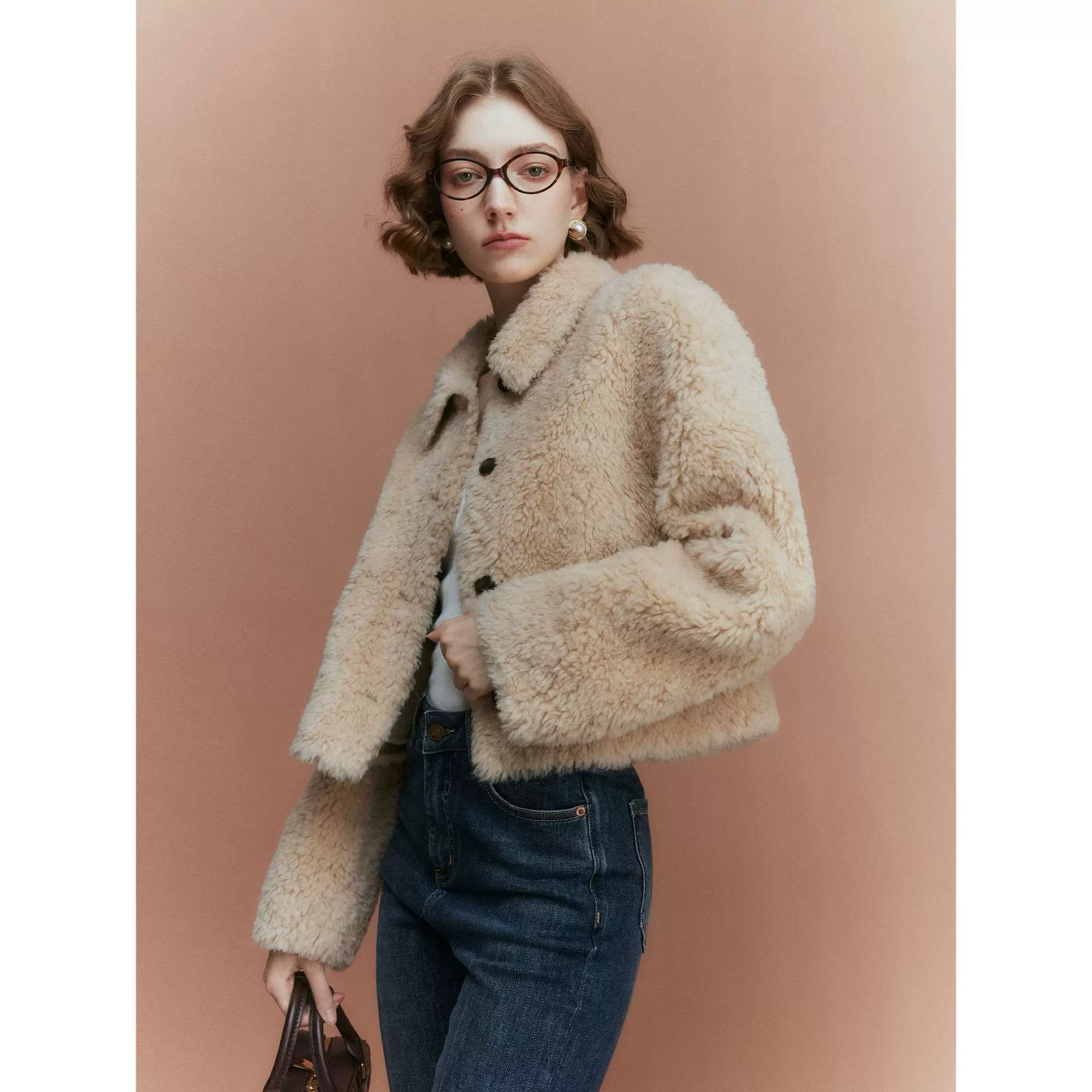 四媛 复古全羊毛翻领羊羔毛短外套女25冬季新款皮毛一体上衣9437