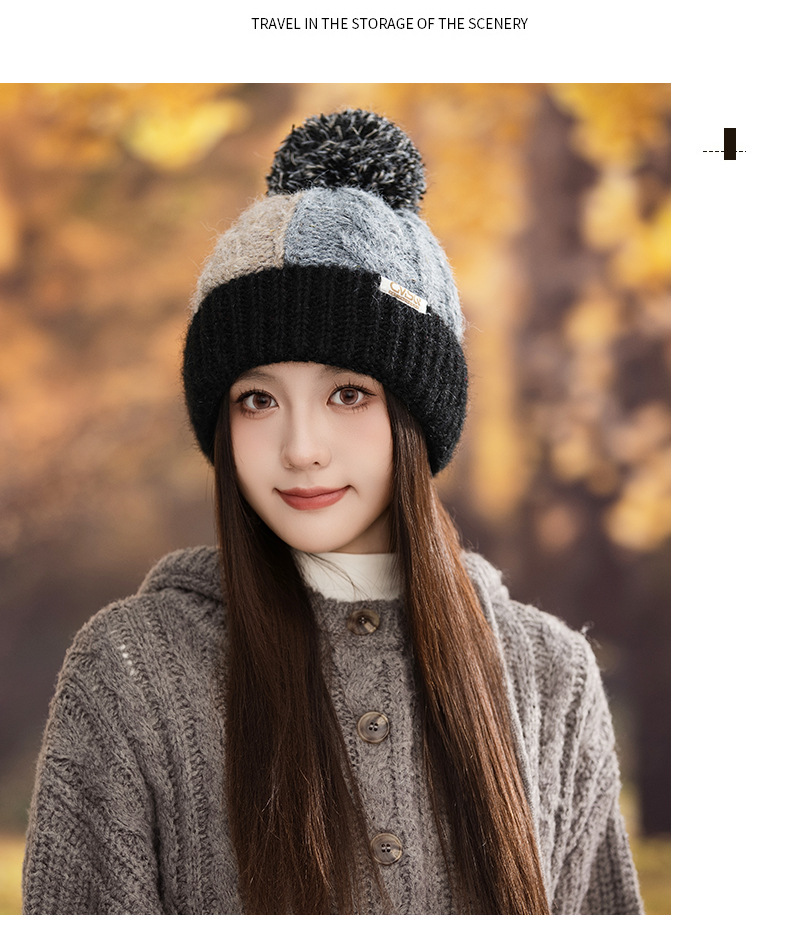 Fashion Versatile Color Block Pom Knitted Autumn Winter Outdoor Fleece Lined Thickened Warm Artistic Retro Pullover Hat_voghion.com