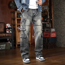 跨境外贸复古水洗高街牛仔裤男加肥加大码多口袋直筒工装牛仔裤男