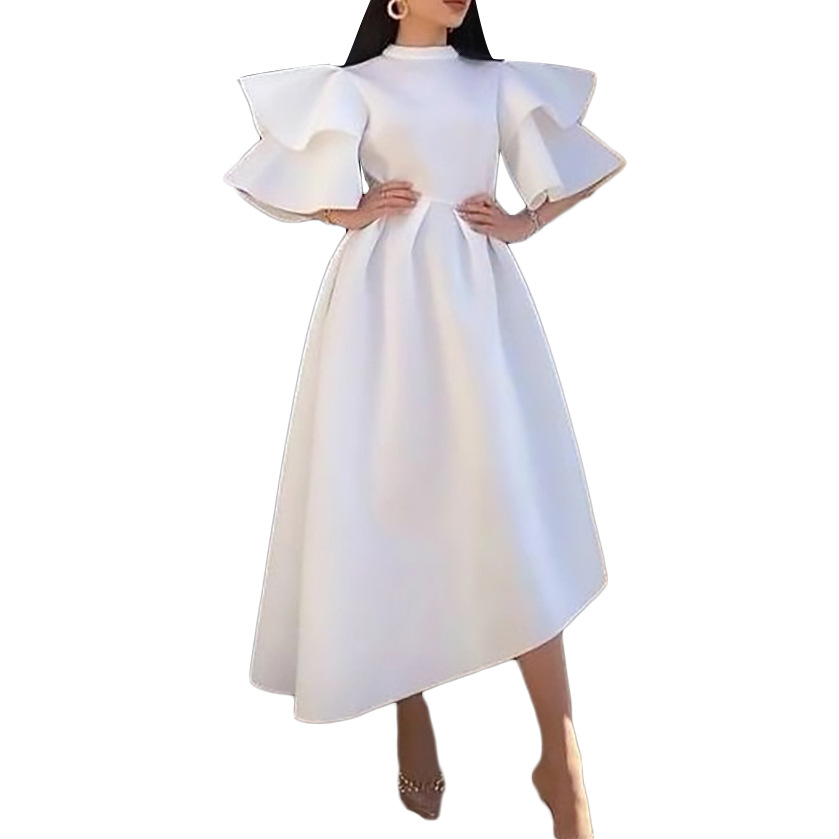 D230 Cross-Border Women's Clothing 2025 Summer New Double-Layer Ruffle Sleeve Solid Color Large Hem European And_voghion.com