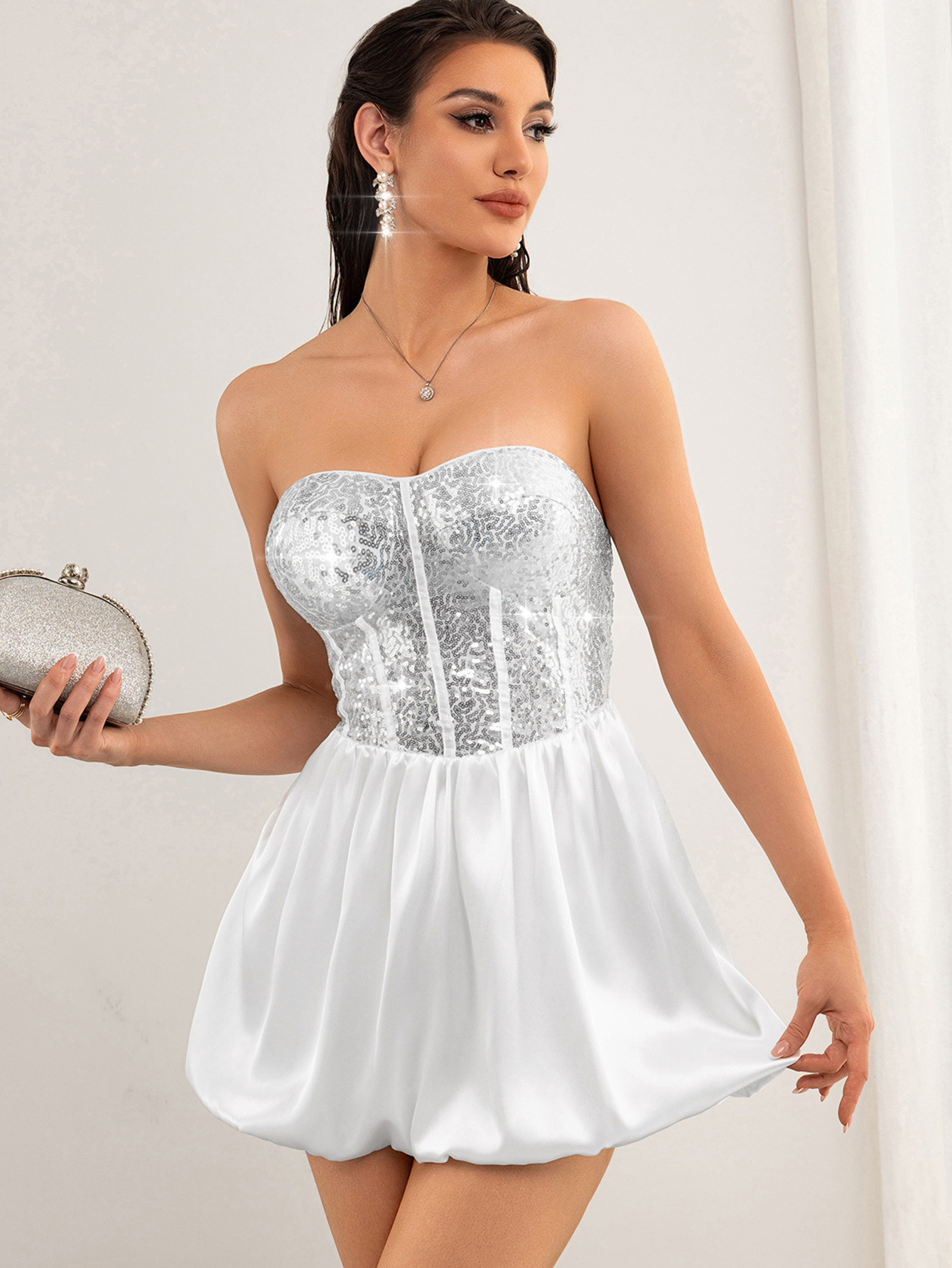 Women Clothing Sexy Backless Sequined White Dress Short Dress Summer