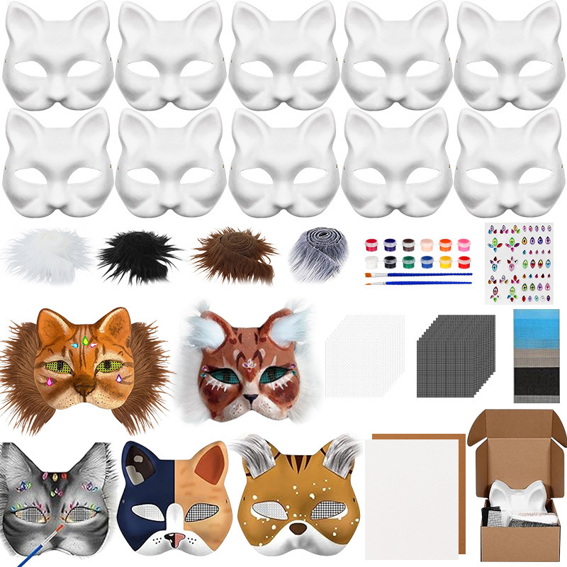 クロスボーダー DIY 猫フェイスマスクセットには、空白の猫マスクぬいぐるみフェイクファーメッシュ猫マスクが含まれています|undefined