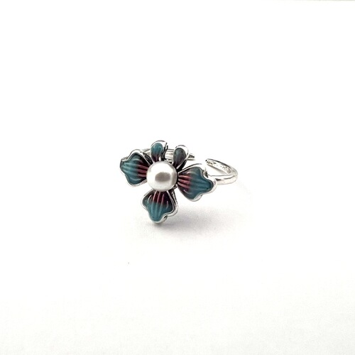 Peony Flower Ring S925 Silver Retro Women's Fashion Ethnic Style Enamel Set with Pearl Open Adjustable Ring