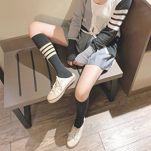 Hottest Trend Brand TB Four Stripes Grey AB Calf Socks 100% Cotton Knee-High Socks Long Socks Japanese JK Girl Style Socks
