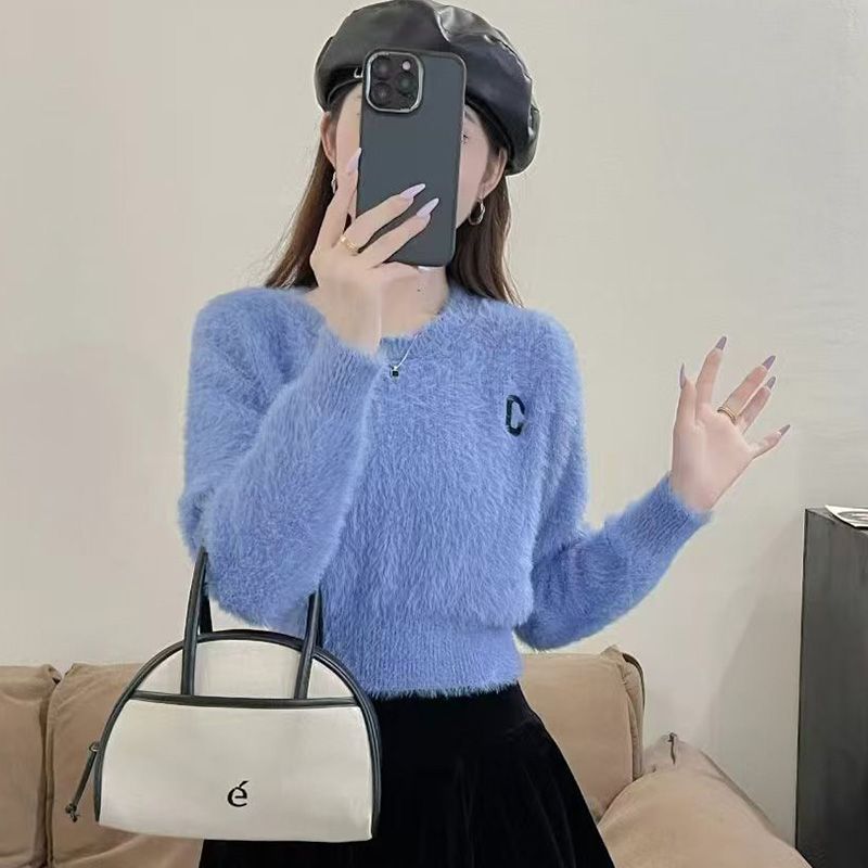 温柔小香风软糯仿水貂绒毛衣女秋冬内搭小个子高腰短款宽松针织衫|undefined