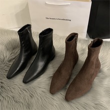 黑色尖头瘦瘦靴短靴女鞋2023新款秋冬季加绒低跟百搭韩系小踝靴子