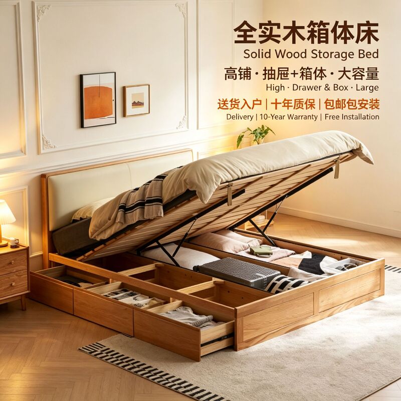Solid wood storage bed with a high box design, in a natural wood color, featuring a Nordic minimalist style, a gas lift mechanism for easy height adjustment, and a large-capacity storage box Solid wood storage bed with a high box design, in a natural wood color, featuring a Nordic minimalist style, a gas lift mechanism for easy height adjustment, and a large-capacity storage box
