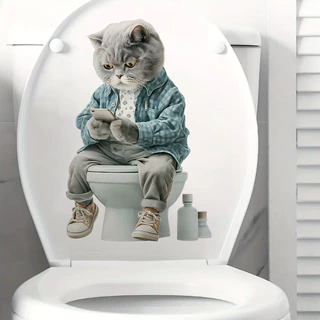 马桶上玩手机的猫咪卡通仿真自粘马桶贴卫生间马桶盖装饰贴纸跨境