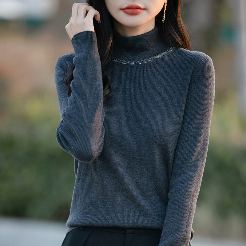 Autumn and Winter New Silver Silk Half Turtleneck Pullover Long-Sleeved Sweater for Women Korean Style Slim Bottoming Shirt with Knitted Sweater Top