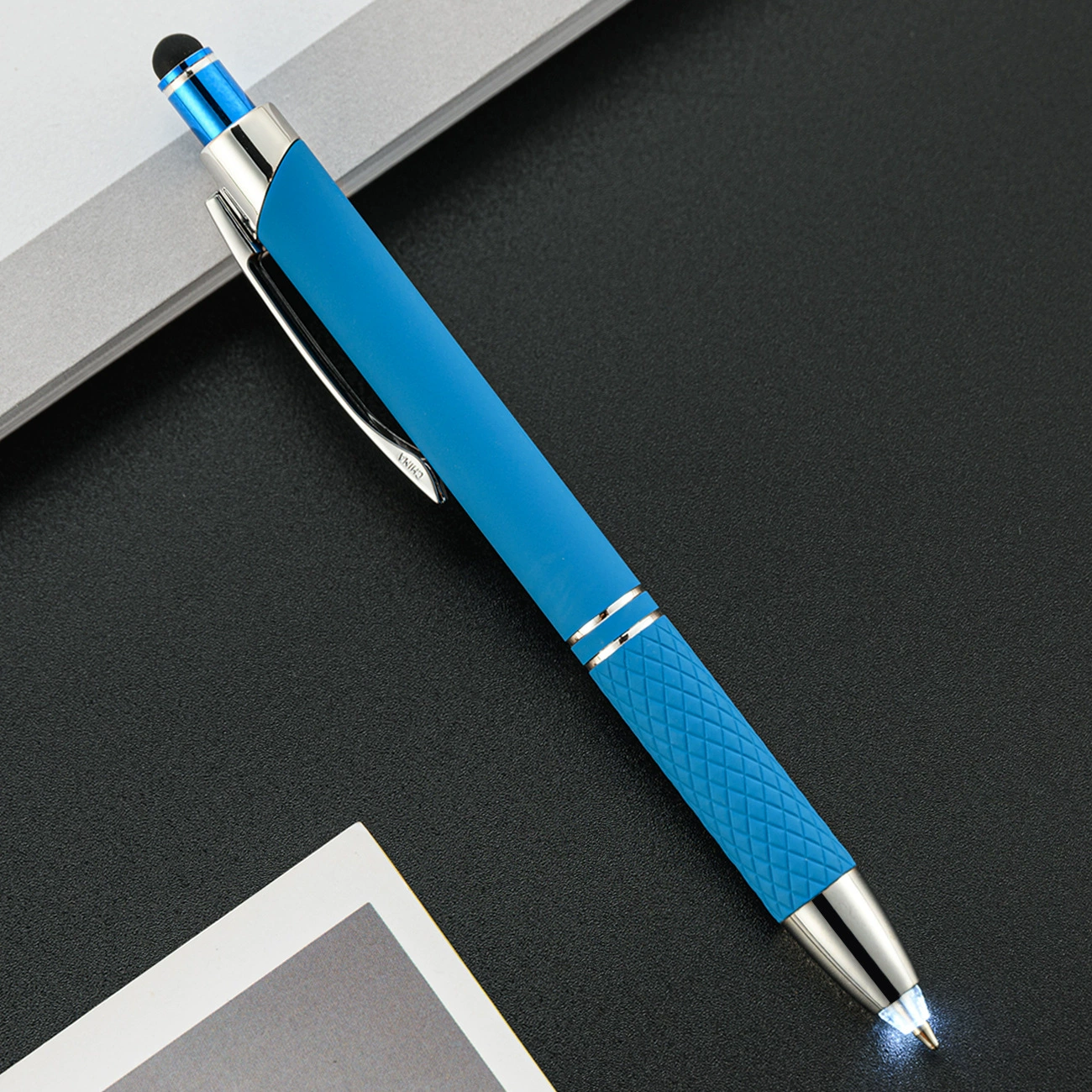 Universal creative metal multicoloured bulb, LED ballpoint pen for office for elementary school students, three in one