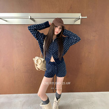 CXI 复古波点连帽开衫毛衣女2025辣妹休闲长袖毛衣外套短裤毛衫女