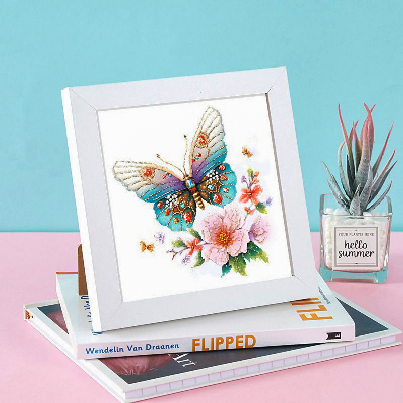 【Enmarcado】Punto de Cruz de la Mona Lisa, Cruzado, con Diseño de Mariposa y Flores, Lindo y Hermoso, Punto de Cruz Infantil de Animales, Pieza Pequeña