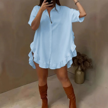 大码女装短袖跨境外贸欧码纯色宽松荷叶边下摆宽松衬衫休闲衬衣