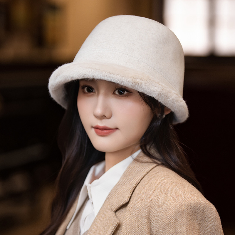日系简约加绒加厚渔夫帽女秋冬休闲百搭毛绒帽显脸小防风保暖盆帽|undefined